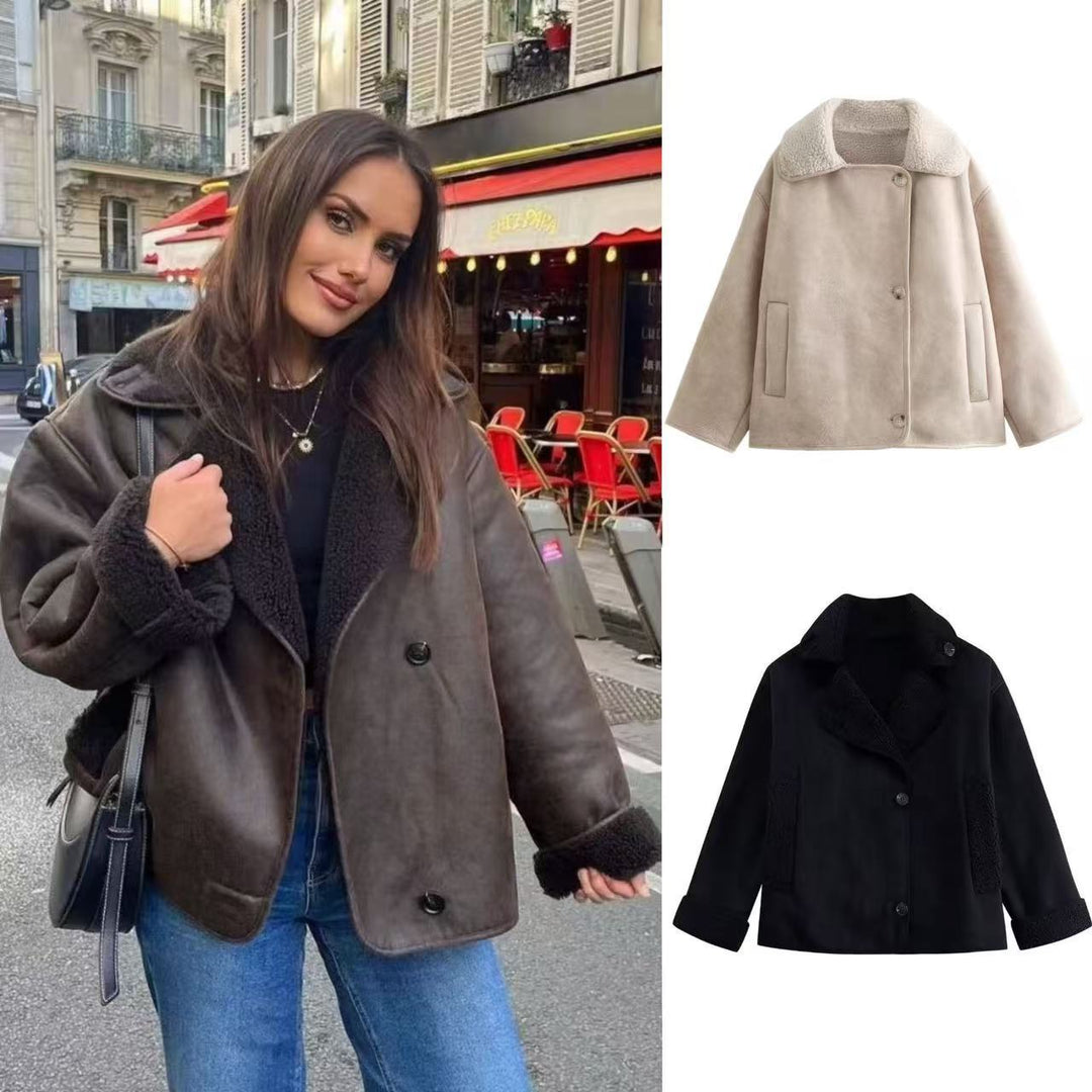 Damen nan kurze Winterjacke mit weichem Teddyfutter, Umschlagkragen und Knopfleiste EB