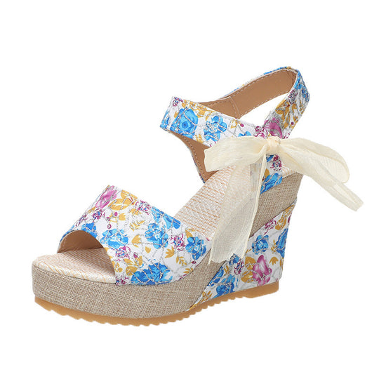Damen Wedge-Sandalen mit floralem Druck und transparenter Schleifenverzierung EB