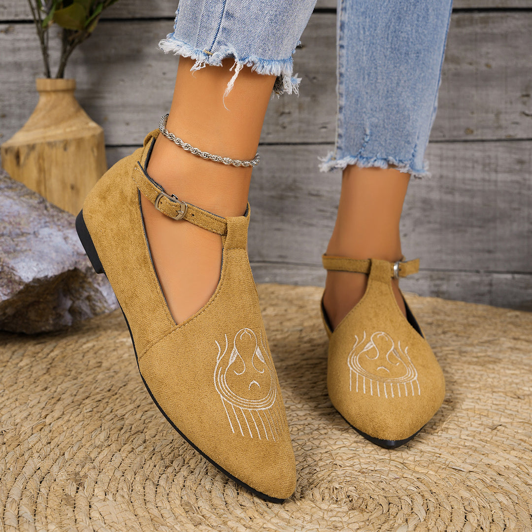 Damen Flache Slingback-Pantoletten mit eleganter Schnallen-Applikation und kunstvollen Stickereien EB