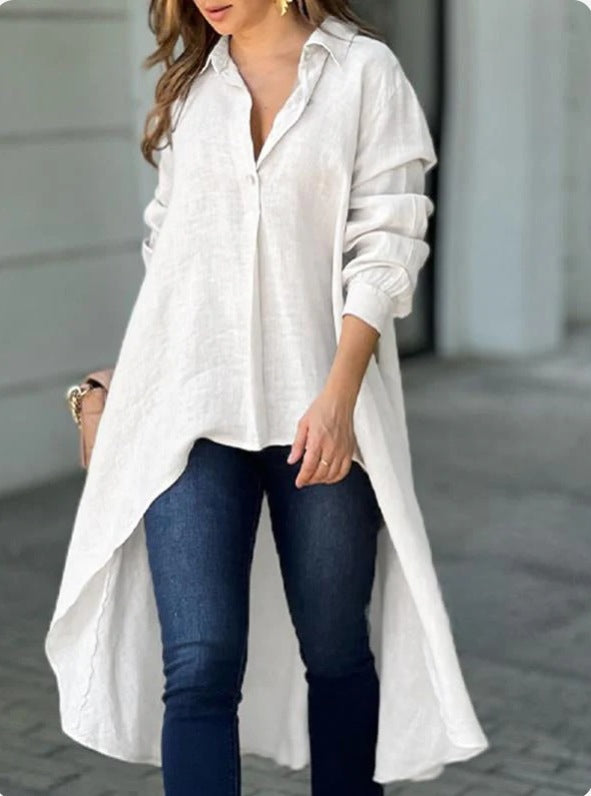 Damen Lässige Langarmbluse mit asymmetrischem Schnitt und Knopfdetails EB