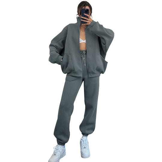 Damen gemütliches Sweatsuit mit hoher Kragen und praktischen Taschen EB