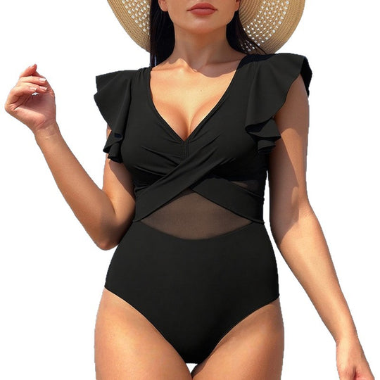 Damen Eleganter Einteiler Badeanzug mit asymmetrischem Rüschendesign EB
