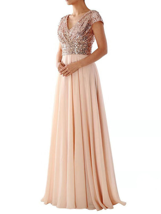 EB | Damen Kleider V-Ausschnitt Paillette Chiffon Paneel Maxi Kleid