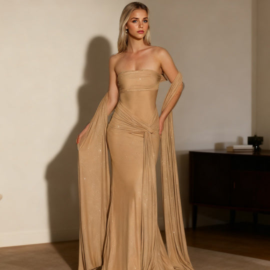 Damen Strapless Glamour Kleid mit eleganten Schals EB