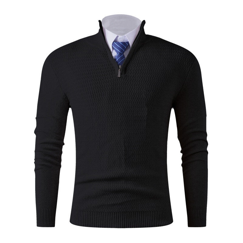 Herren nan feinstrickpullover mit Stehkragen und halbem Reißverschluss, Strukturstrick und schlanker Business-Casual-Passform EB