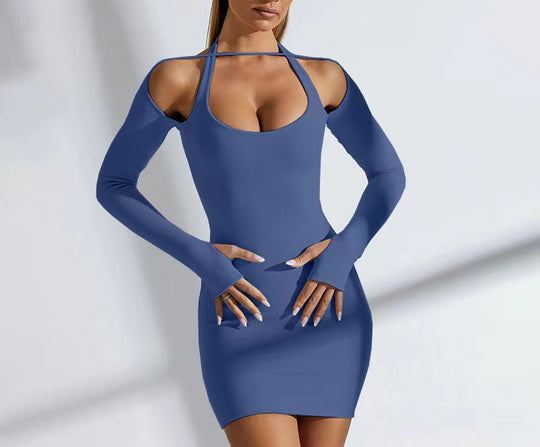 Damen Einseitig Offenes Mini-Kleid mit Langarm EB