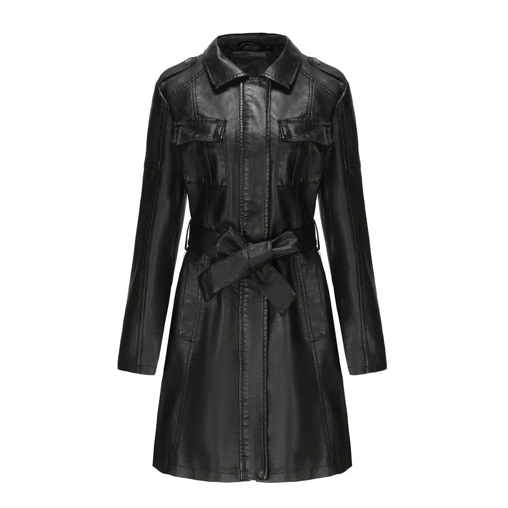 EB | Schicke Lange Damen PU-Lederjacke mit Taschen