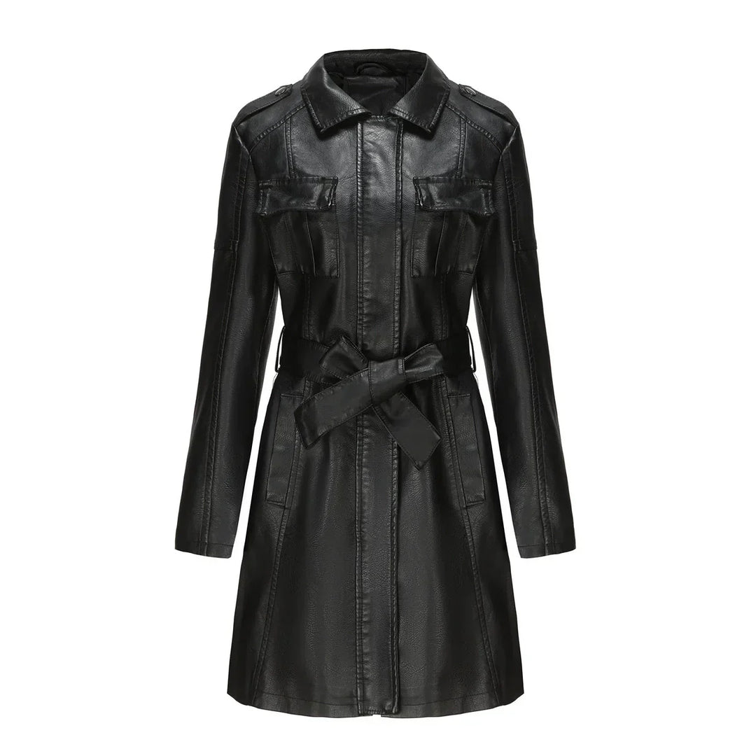 EB | Schicke Lange Damen PU-Lederjacke mit Taschen