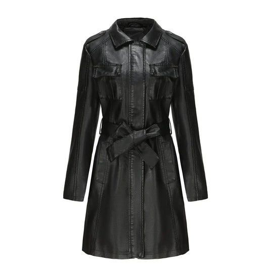 EB | Schicke Lange Damen PU-Lederjacke mit Taschen
