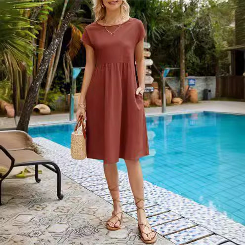 Damen Freizeitleinenkleid mit leichtem Schnitt und Taschen EB