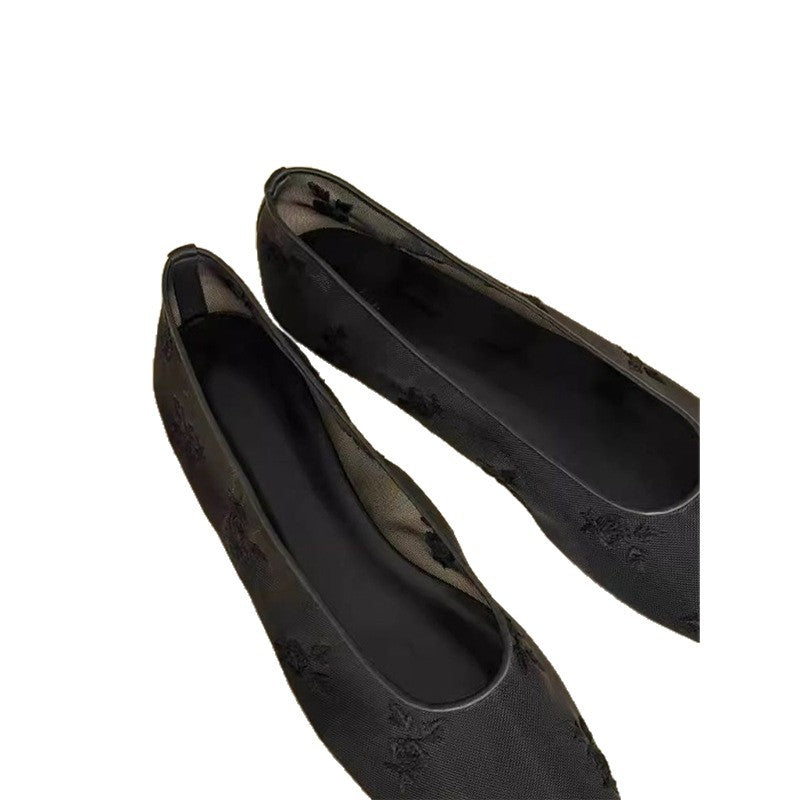Damen Bestickte Mesh-Ballerinas mit quadratischer Zehenpartie und Rosenstickerei EB