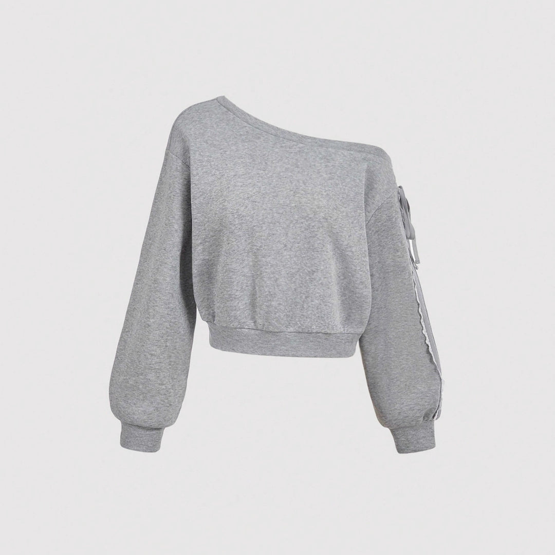 Damen Kurzgeschnittenes One-Shoulder Sweatshirt mit Ballonärmeln und Schnürdetail EB