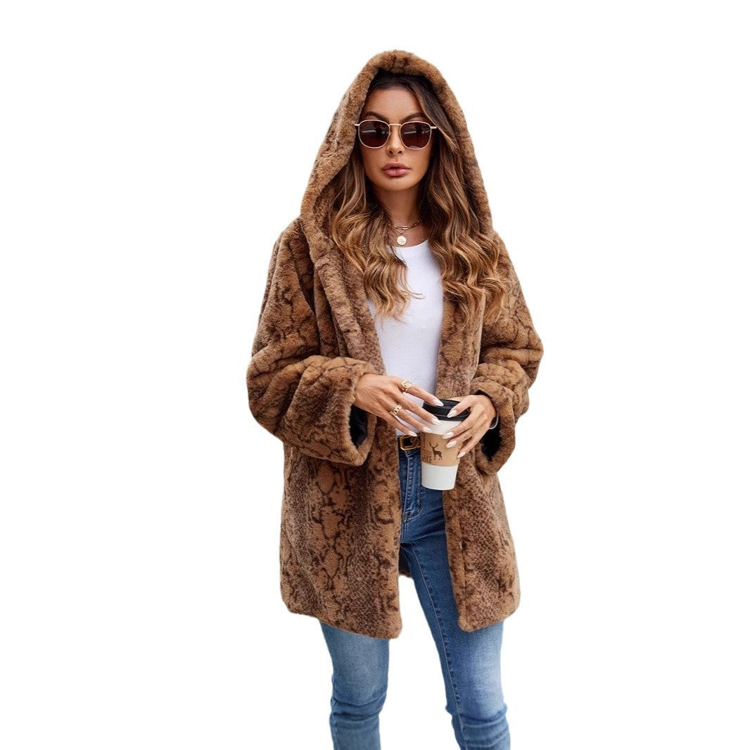 Damen Furry Parka mit Kapuze und elegantem Schnitt EB