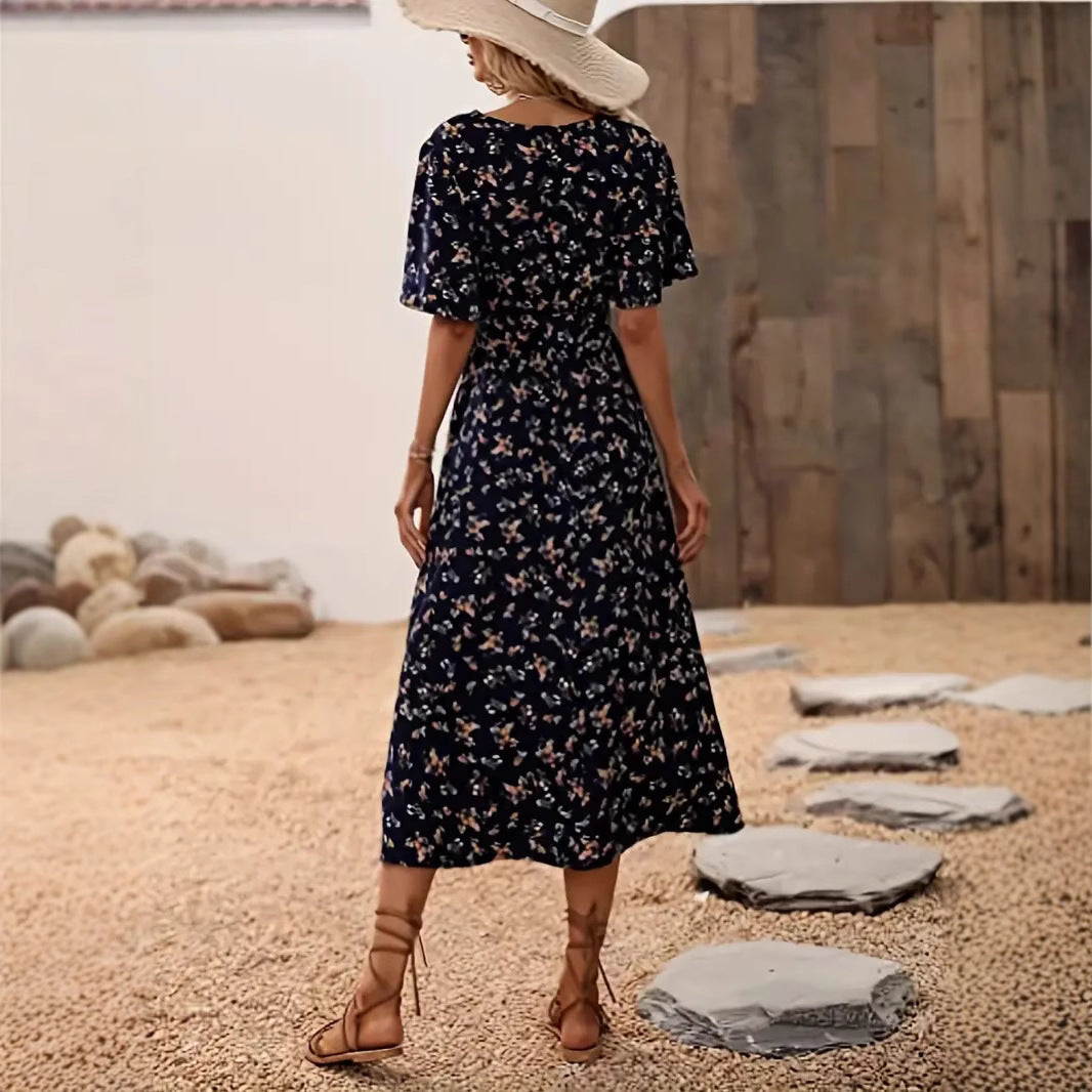 Damen Wickelkleid mit floralem Design und modischem V-Ausschnitt EB