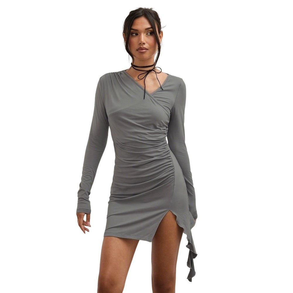 Damen gerafftes asymmetrisches Minikleid mit V-Ausschnitt, langem Ärmel und seitlichem Volant-Detail Eichborn Berlin