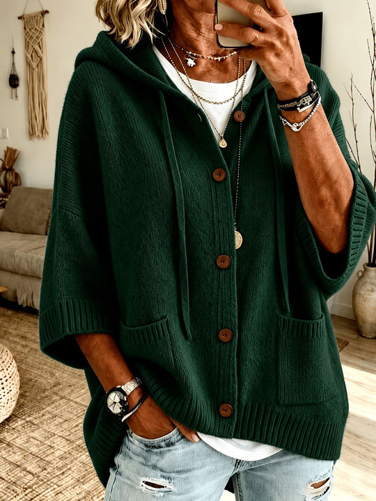 Damen Oversize Kapuzen-Cardigan mit Holzknöpfen und kastiger Silhouette EB