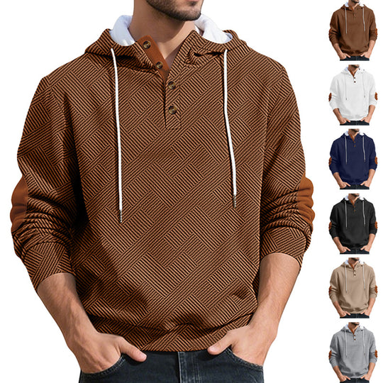 Herren nan strukturierter Kapuzen-Henley-Pullover mit Jacquardstruktur, Knopfleiste und Ellenbogenpatches EB