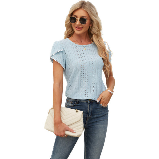 Damen Elegante Bluse mit Rüschenärmeln und Lochmuster EB
