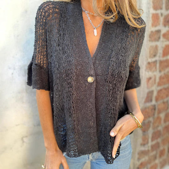 Damen Strickbluse mit leichtem Gewebe und dekorativem Knopf EB