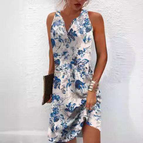 Damen, lässiges Sommerkleid mit V-Ausschnitt und asymmetrischem Saum EB