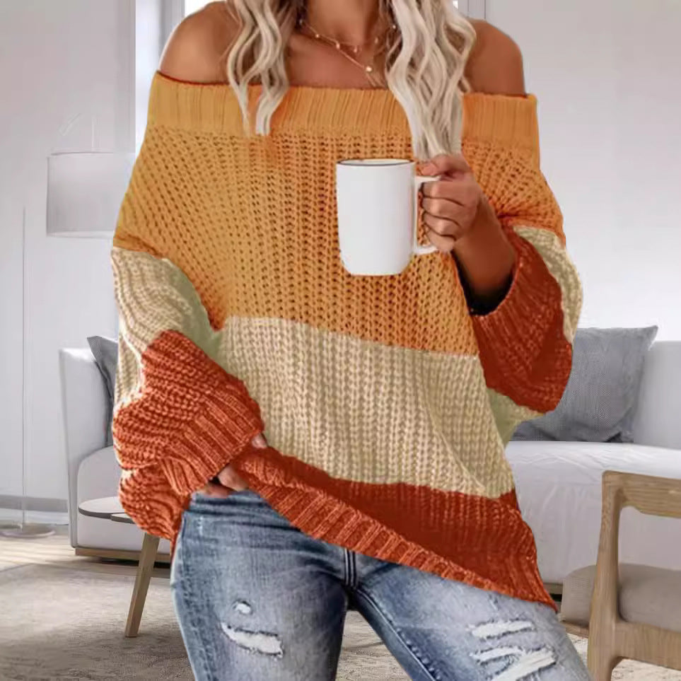 Damen Lässiger Overzise-Strickpullover mit Off-Shoulder-Ausschnitt und angesagtem Farbblockdesign EB