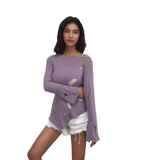Damen Modischer Strickpullover mit dezenten Lochmuster und lässigem Schnitt EB