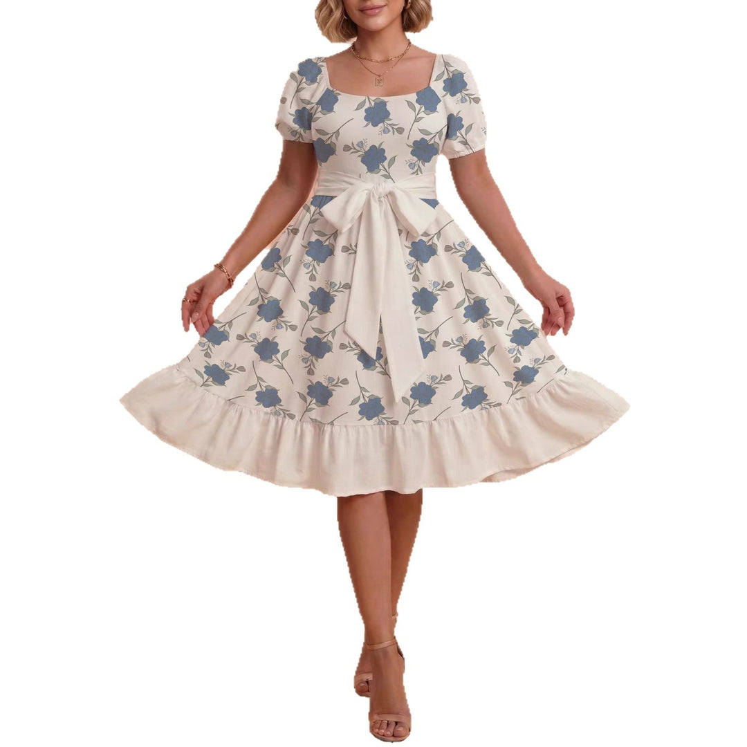 Damen Blumenkleid mit taillierbarem Gürtel und voluminösen Ärmeln EB