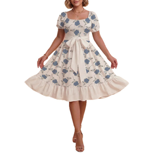 Damen Blumenkleid mit taillierbarem Gürtel und voluminösen Ärmeln EB