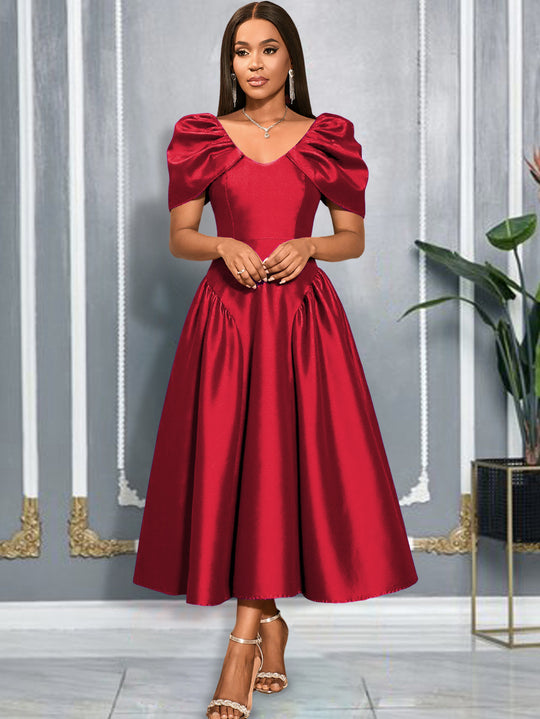Damen elegantes Midikleid mit voluminösen Puffärmeln und schwingendem Rock EB