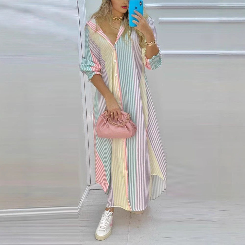 Damen nan knopfbares Maxi-Hemdkleid mit geometrischem Muster, V-Ausschnitt, Kentkragen und hohem Beinschlitz EB