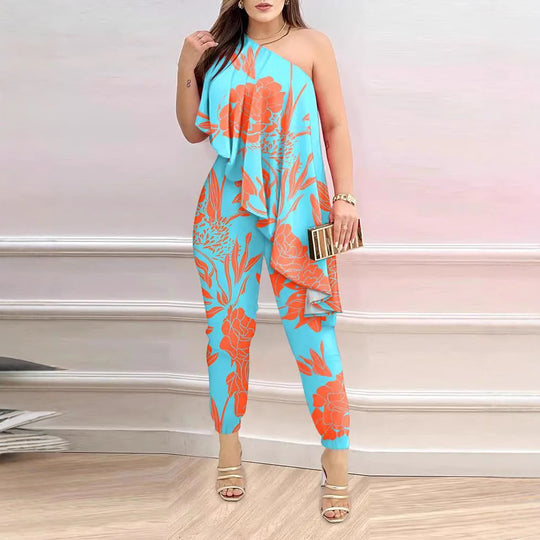 Damen Elegantes Einteiler-Outfit mit asymmetrischem Schnitt und floralen Akzenten EB