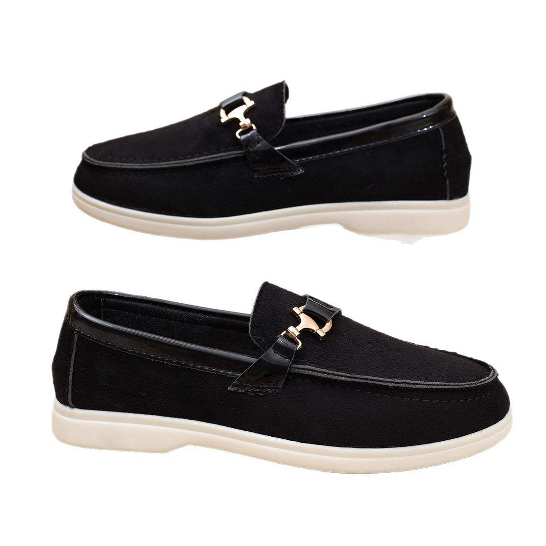 Damen elegante Veloursleder-Slipper mit dekorativer Metall-Hardware und flexibler Leichtlaufsohle EB