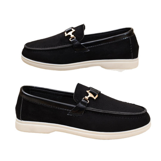 Damen elegante Veloursleder-Slipper mit dekorativer Metall-Hardware und flexibler Leichtlaufsohle EB