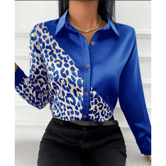 Damen Satinbluse mit asymmetrischem Leo-Design und glamouröser Knopfleiste EB
