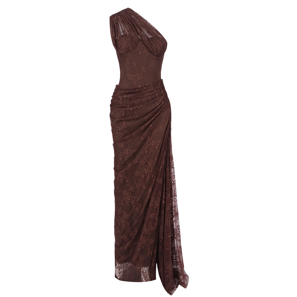 Damen elegantes Abendkleid mit asymmetrischem One-Shoulder-Design und floralem Spitzenbesatz EB