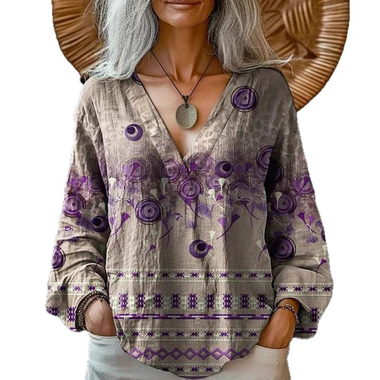 Damen Boho-Leinenmischung Tunika-Bluse mit V-Ausschnitt und floraler Aquarellstickerei EB
