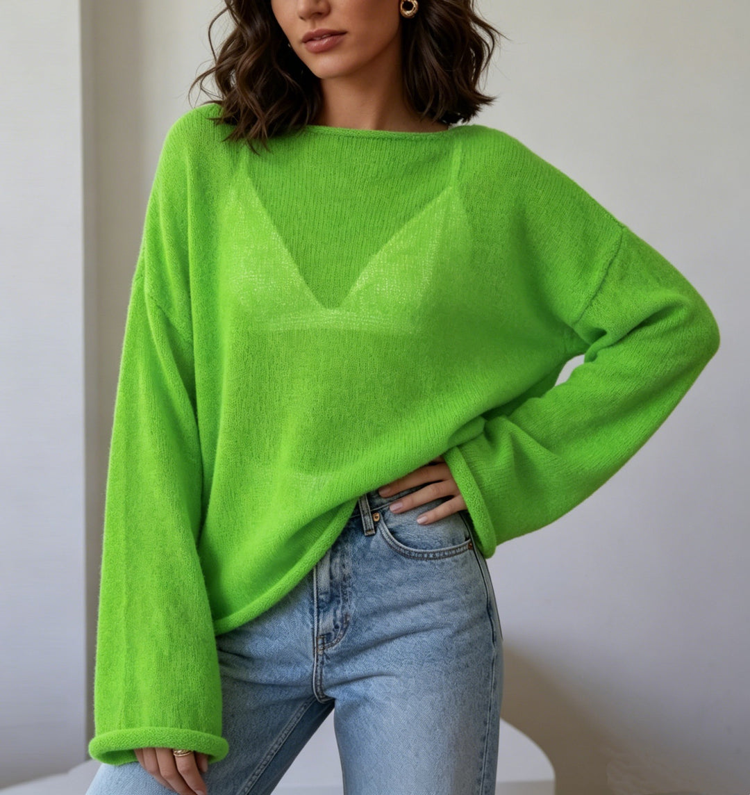 Damen luftiger Oversize-Feinstrickpullover mit weitem Arm und Rundhalsausschnitt EB