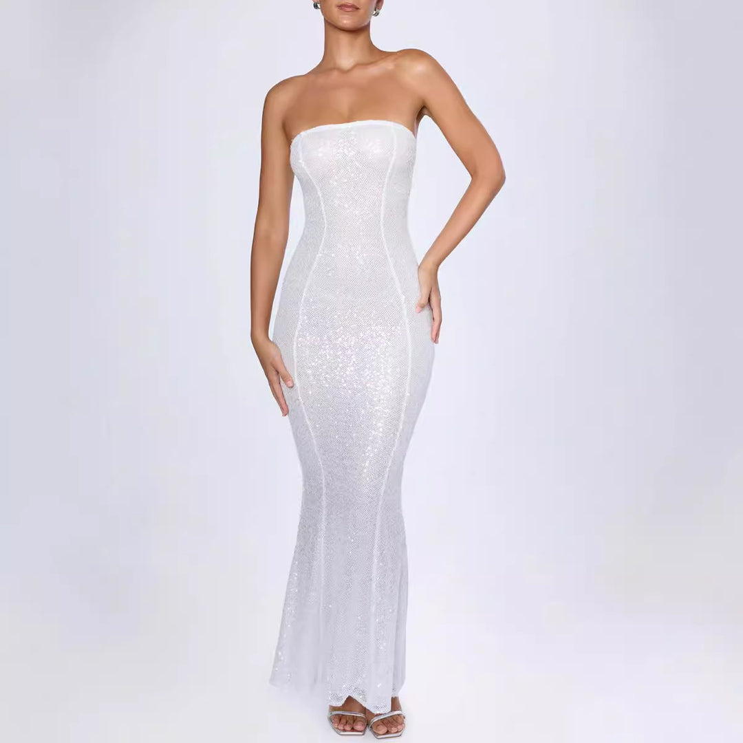 Damen Glamouröses Abendkleid im schlichten bandeau Stil mit funkelnden Pailletten EB