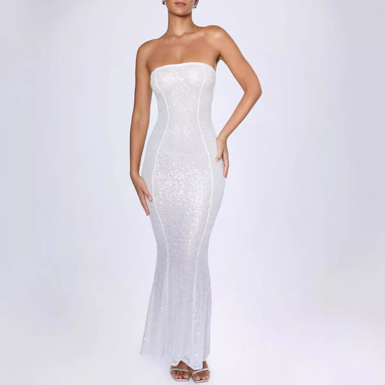 Damen Glamouröses Abendkleid im schlichten bandeau Stil mit funkelnden Pailletten EB