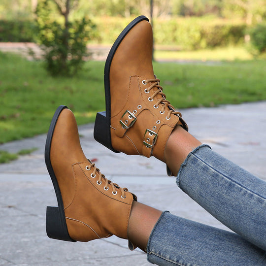 Damen modische Schnürstiefeletten mit praktischen Schnallen und robustem Absatz EB