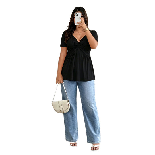 Damen Kurzarm-Bluse mit raffiniertem Wickeldesign und V-Ausschnitt EB