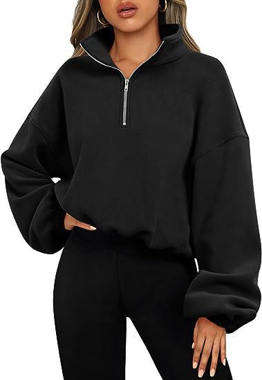Damen nan kurz geschnittenes Halbzip-Sweatshirt mit hohem Stehkragen, Ballonärmeln und elastischem Saum EB