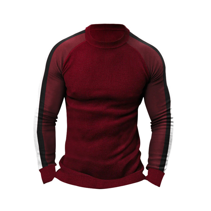 Herren sportlicher Strickpullover mit kontrastierenden Ärmeln und hohem Kragen EB