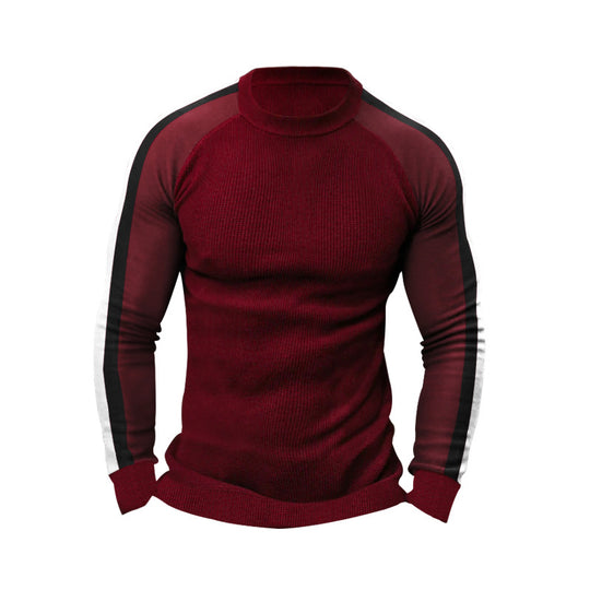 Herren sportlicher Strickpullover mit kontrastierenden Ärmeln und hohem Kragen EB