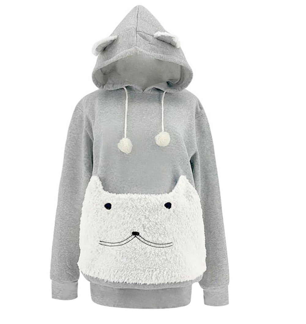Damen Kuscheliger Kapuzenpullover mit Katzenmotiv und praktischer Känguru-Tasche EB