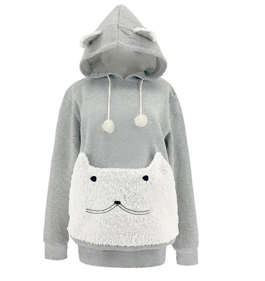 Damen Kuscheliger Kapuzenpullover mit Katzenmotiv und praktischer Känguru-Tasche EB