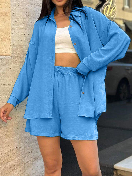 Damen lässiges Kurzarm-Set mit geknöpfter Bluse und bequemen Shorts EB