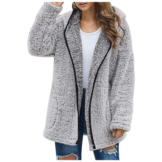 Damen Flauschige Kapuzenjacke im oversized Schnitt mit Eingrifftaschen und Reißverschluss EB