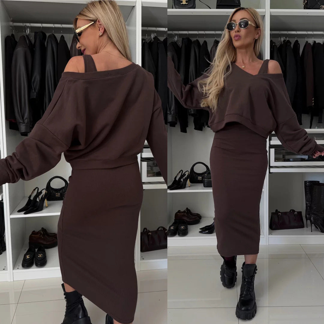 Damen nan zweiteiliges Midirock-Set mit off-shoulder Oversize-Sweatshirt und figurbetontem Bleistiftrock EB