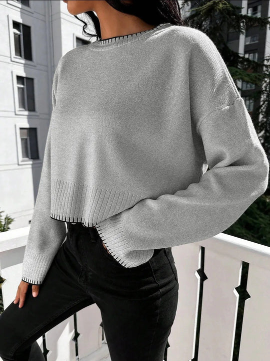 Damen Cropped Strickpullover mit feiner Rippenstruktur und lässigem Schnitt EB